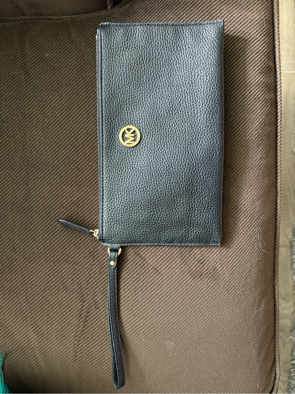 Michael Kors Black Leather Wristlet with Gold Logo